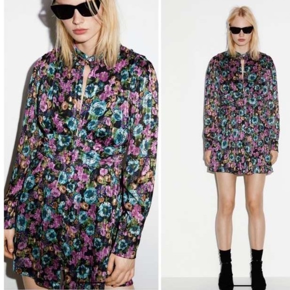 Zara Metallic Thread Floral High Neck Long sleeve Short Mini Dress Size M - Picture 4 of 13